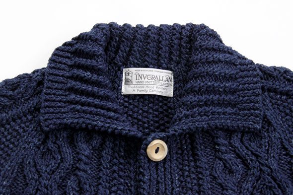 デニムヤーンカーディガン ハンドニット ケーブル編み インバーアラン