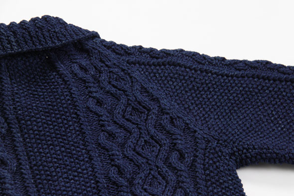 デニムヤーンカーディガン ハンドニット ケーブル編み インバーアラン