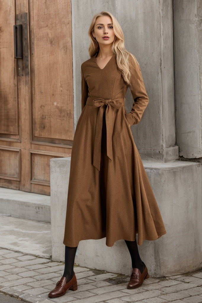 Fit and flare brown winter wool dress 5360 – Xiaolizi