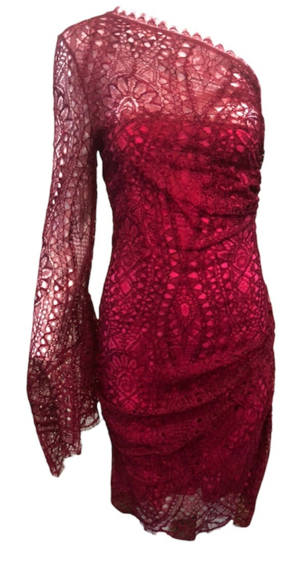 Emilio Pucci 2000's Raspberry Red One Shoulder Lace Mini Dress