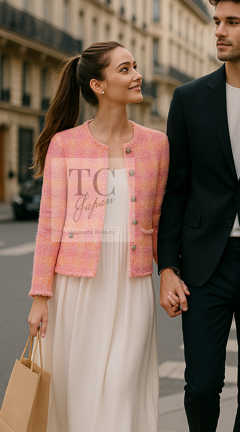 シャネル ジャケット CHANEL ピンク オレンジ ノーカラー ツイード 24C