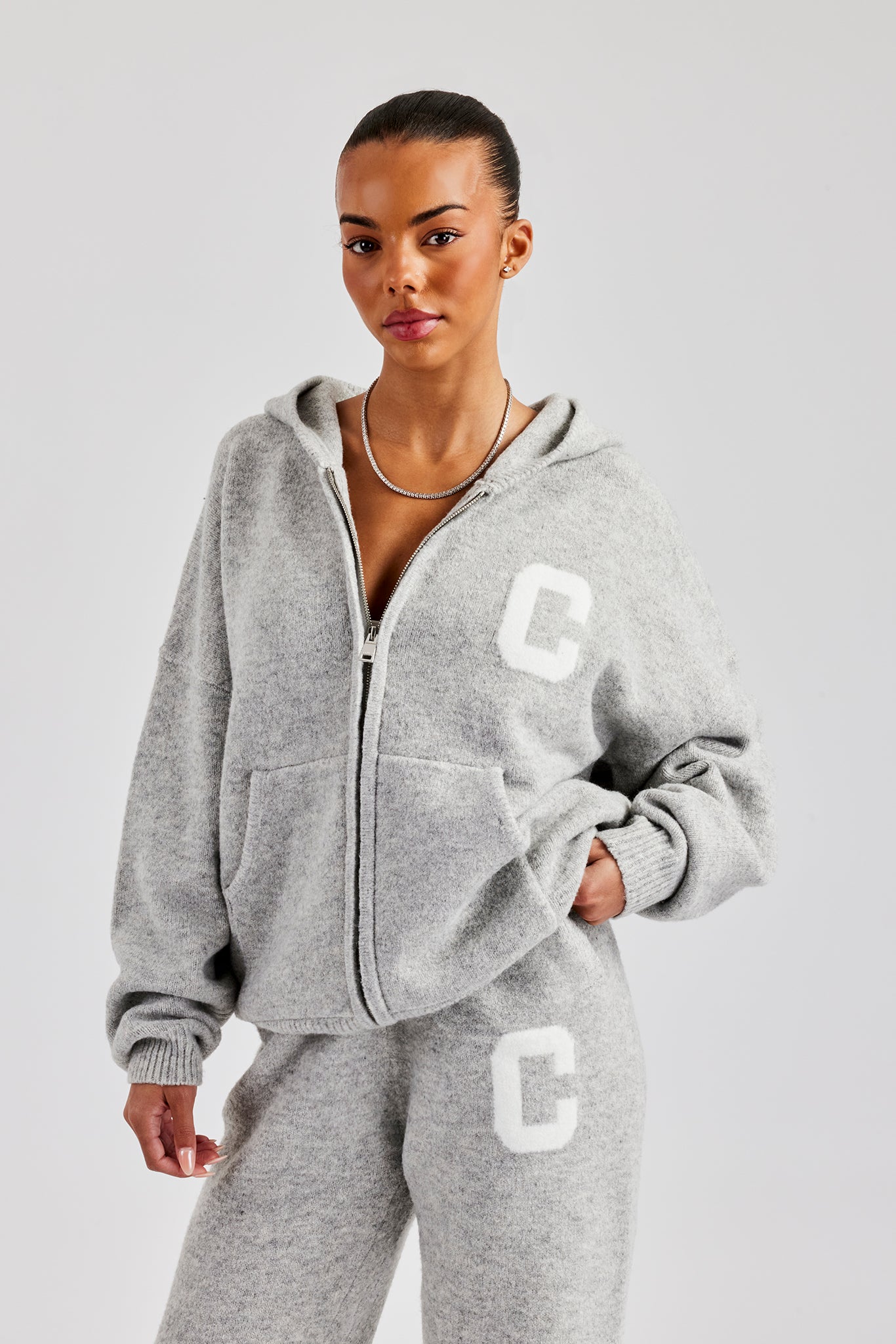 Knitted Zip Through Hoodie - Light Grey | Womens Knitwear | Shop