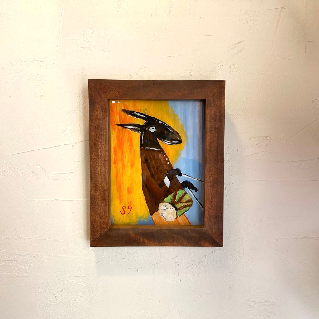 柚木沙弥郎「つきよのおんがくかい」ガラス絵 肉筆 直筆サイン入 共