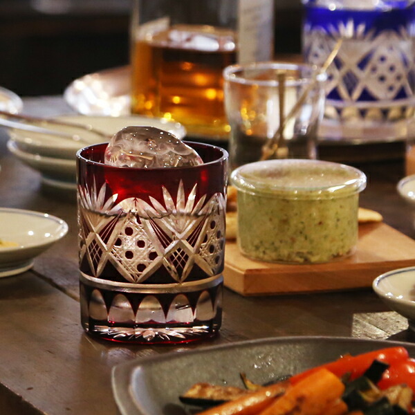 楽天市場】田島硝子 江戸切子 八角籠目菊底 オールド ペア ルリ 赤