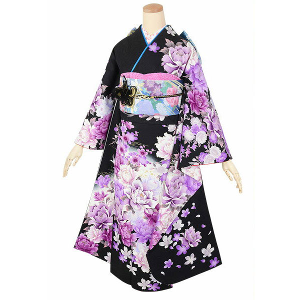 楽天市場】【成人式 振袖 レンタル】RS1784 正絹 黒 紫牡丹（絹）フル