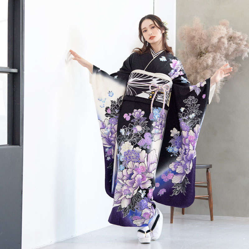 楽天市場】【成人式 振袖 レンタル】RS1329 正絹 黒 牡丹に桜フル