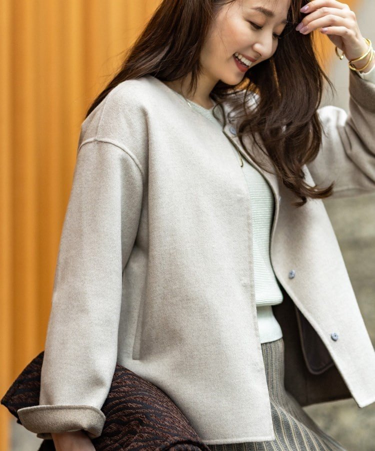 INDIVI｜【配色デザイン/ショート丈】ウールリバー ノーカラーコート