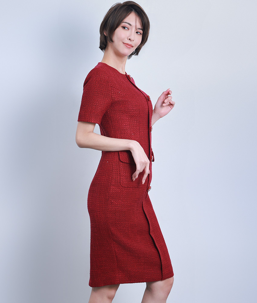 五分袖・タイト・フロントポケット・ショート丈・ミニドレス/ERUKEI