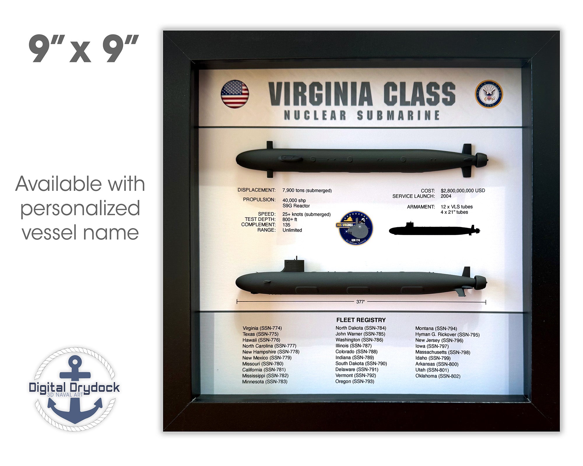 Virginia Class Submarine Memorial Display Shadow Box, SSN-774, 9