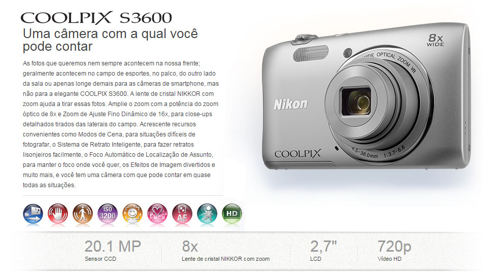 Nikon Coolpix S3600 20.1 Mega Pixels Zoom Ótico 8x Filma em HD