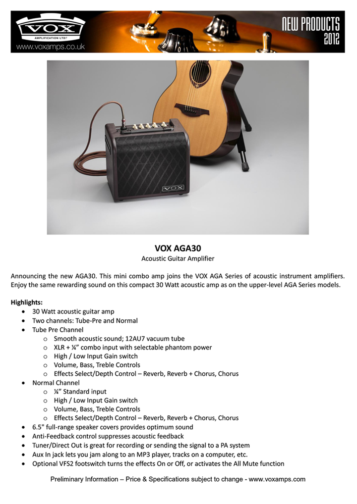 The VOX Showroom - Vox New Product Bulletin: Vox AGA30 Acoustic