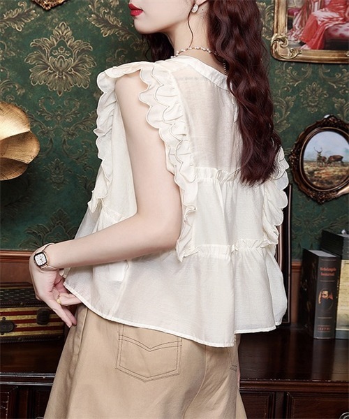 FREE STYLISTS ブラウス シャツ スカラップ肩フリルブラウス