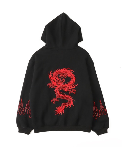 パーカー 「裏起毛」ドラゴン刺繍ビッグZIPパーカー レディース メンズ