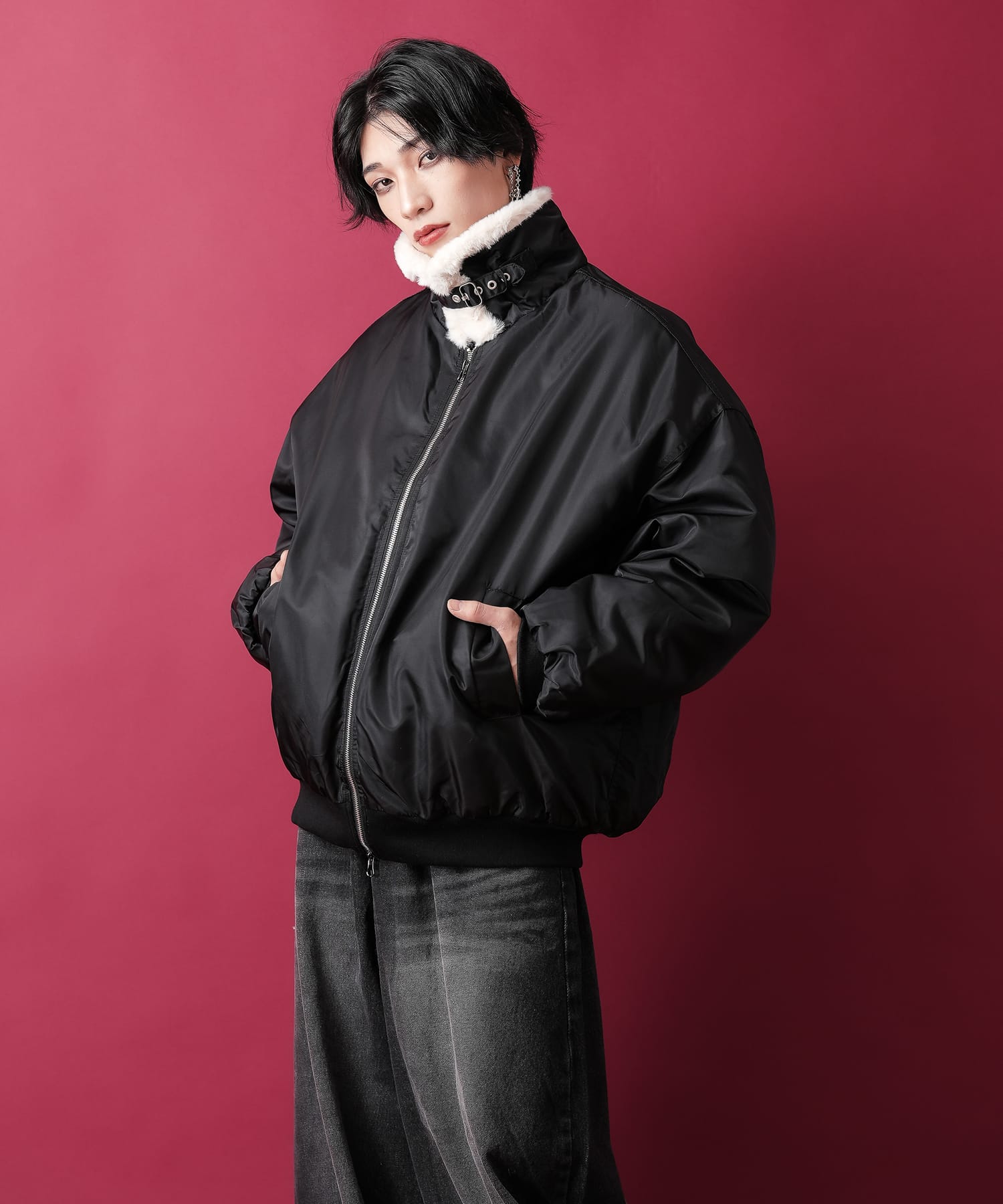 ファー襟ナイロン中綿オーバーサイズフライトジャケット / ミリタリー