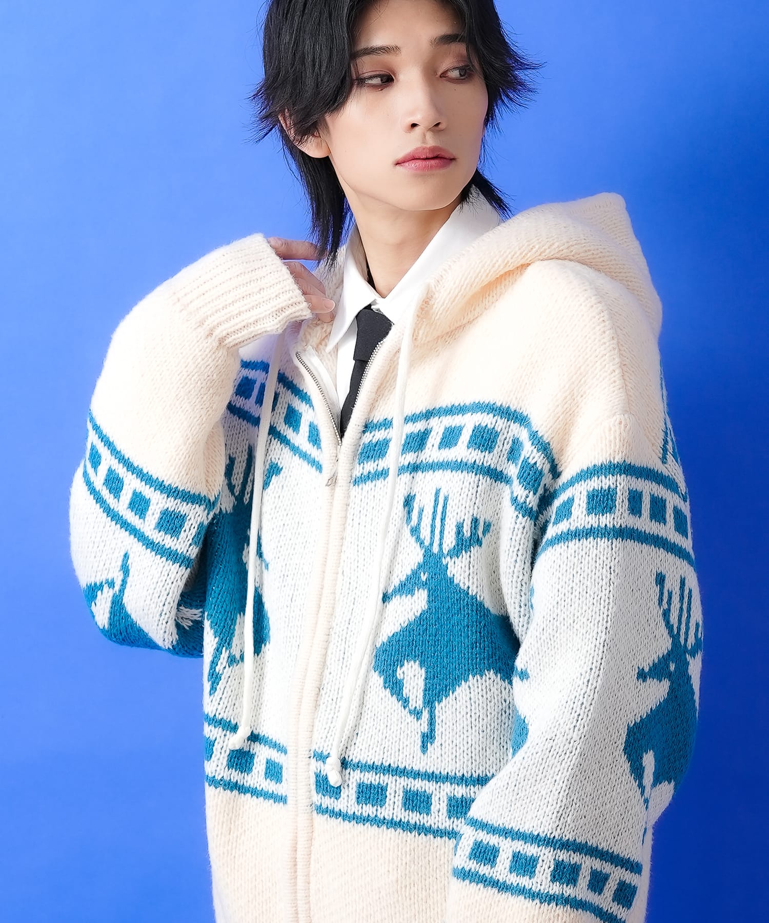 ノルディック柄カウチンニットフーディーセーター / メンズ レディース