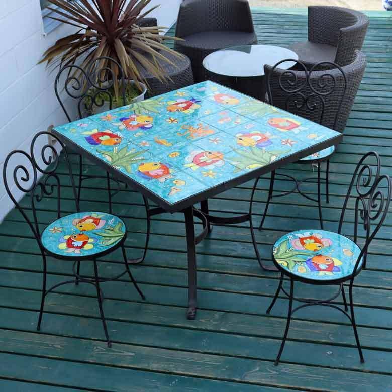 イタリア テーブルセット 魚 ガーデンテーブル チェア 5点セット 100cm