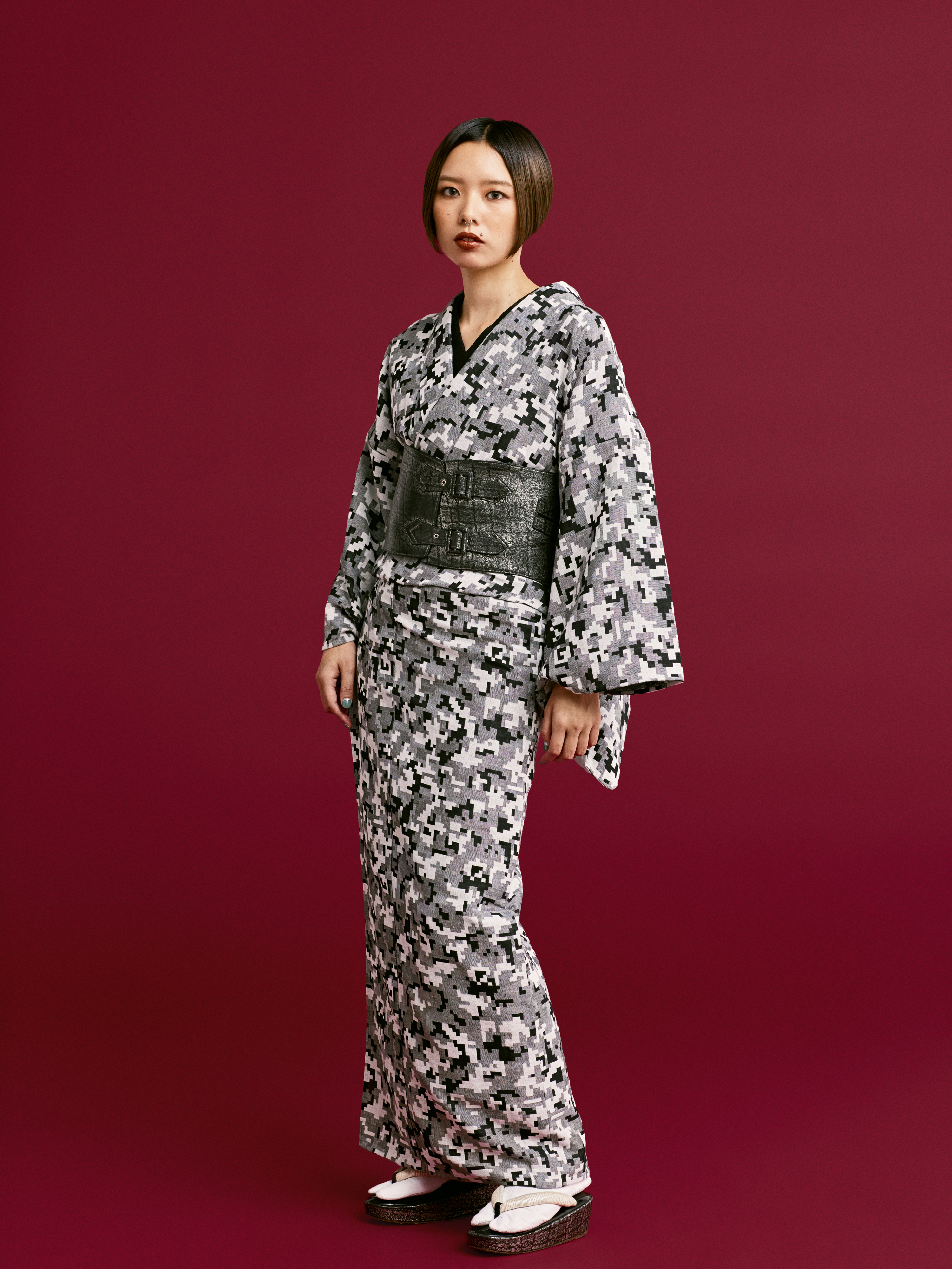 着物｜木綿｜米織小紋 モザイク 白黒｜鷹山堂｜単衣