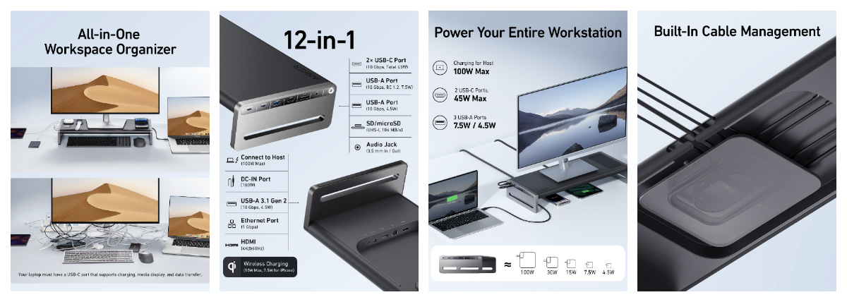 デスク周りの配線をスッキリと整頓可能！モニタースタンドと一体型の12