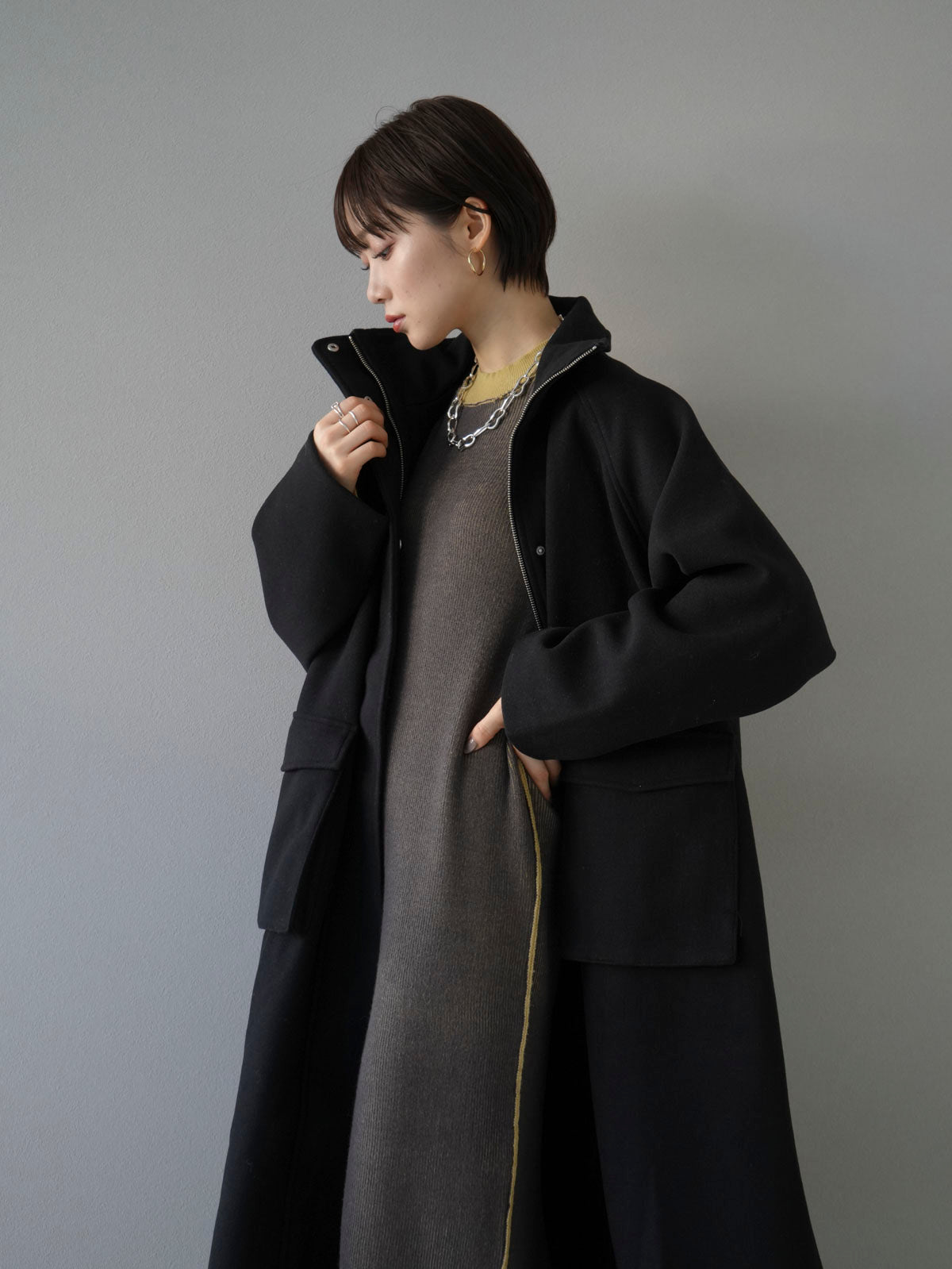 予約]ウールタッチスタンドカラージップコート/ブラック – Lumier