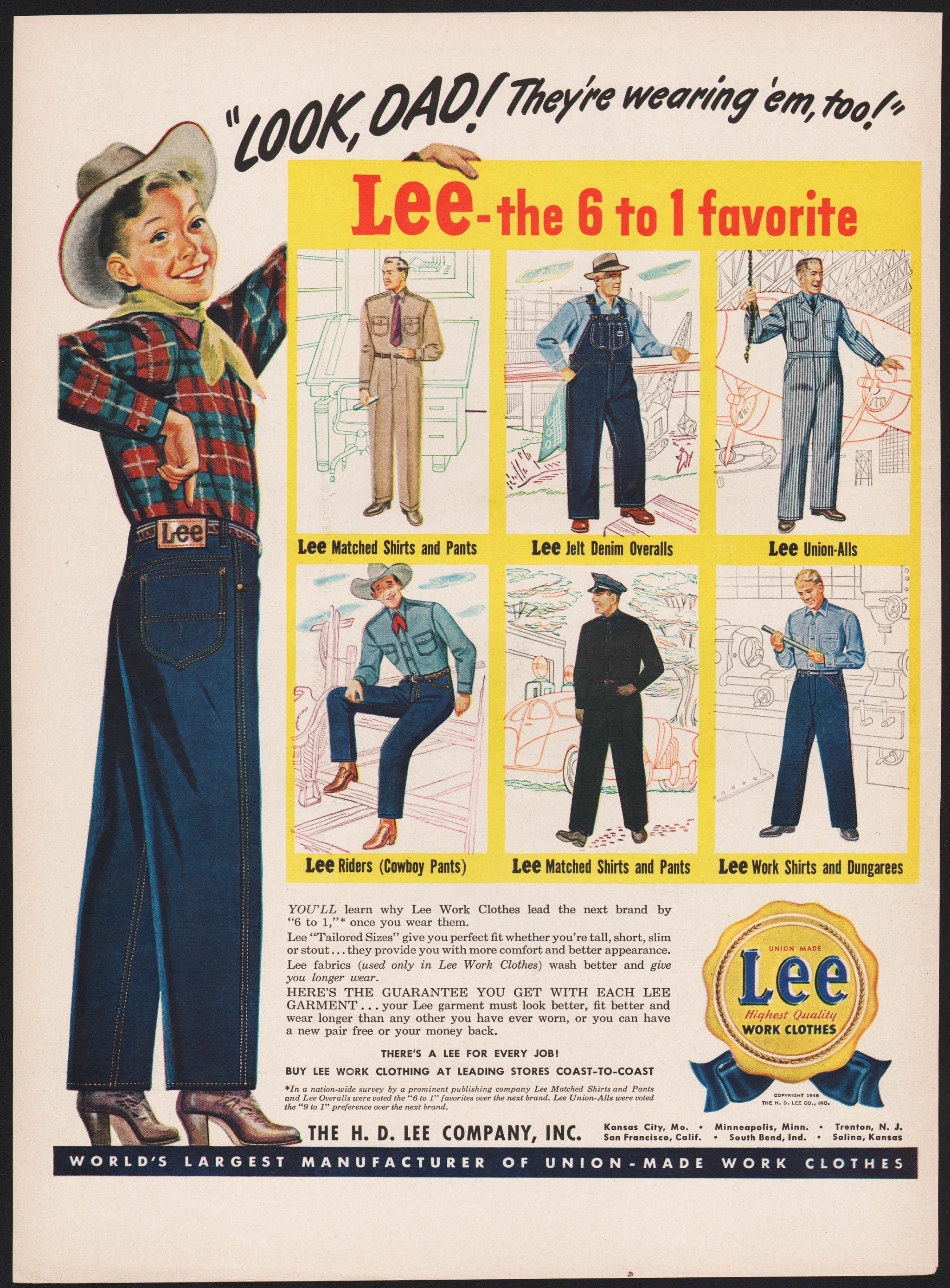 Vintage magazine ad LEE WORK CLOTHES overalls from 1948 boy
