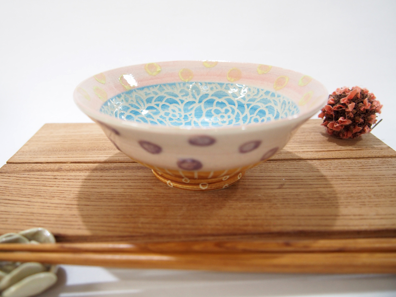 紋花彩泥掻落ドット 小鉢・茶碗（水色×ピンク） 【nicorico】飯碗・鉢