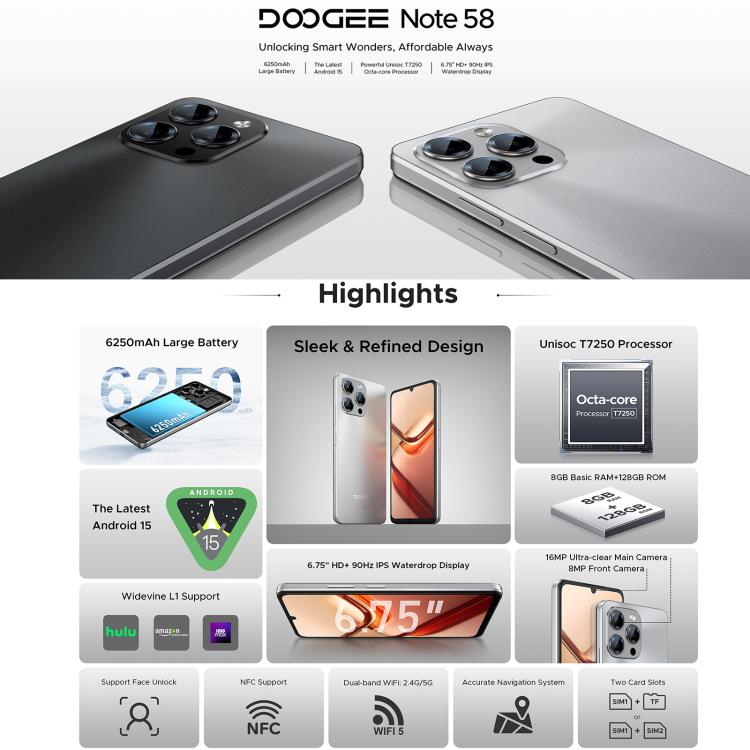 DOOGEE Note 58 - 8GB+128GB Android 15 Smartphone with 6.56 Inch