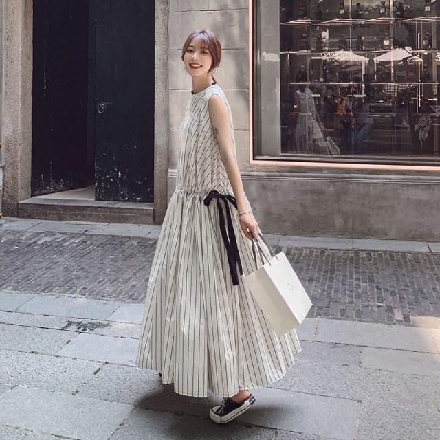 楽天市場】ストライプ ノースリーブ ワンピース 夏 レディース ロング