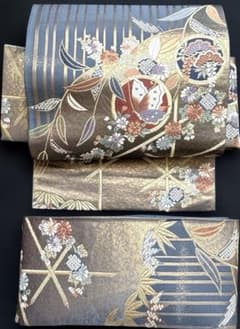 縦線 金 蝶々 松 藤の花 菊 正絹 袋帯 二重太鼓 作り帯 - メルカリ