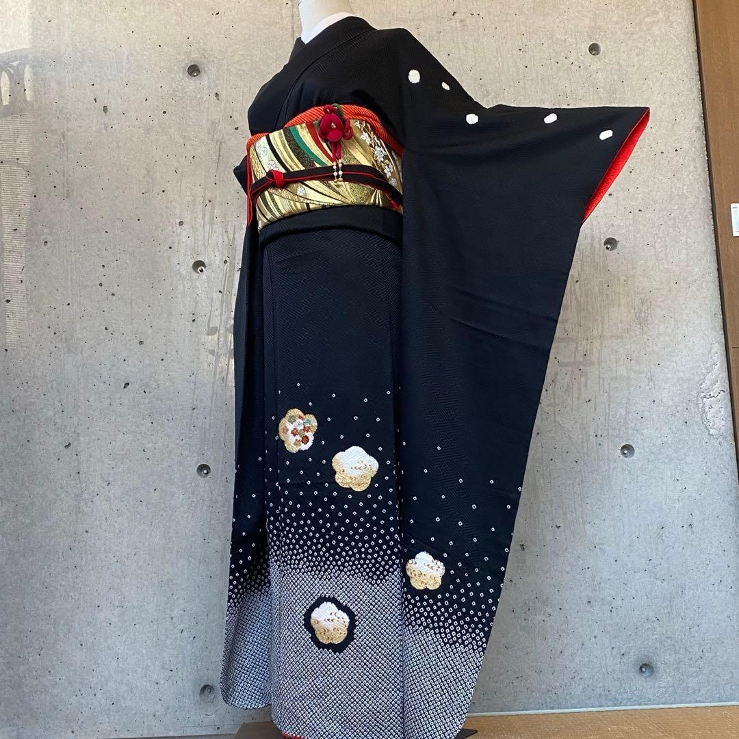 正絹　振袖　絞り　一部刺繍　ガード　黒　袷 r534-f-2.jpg