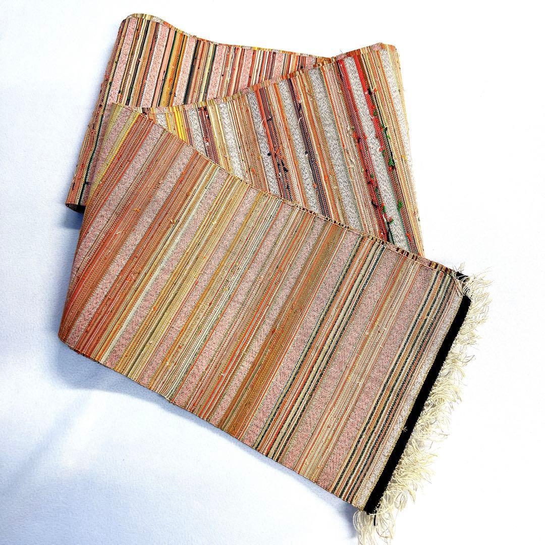 半幅帯　単衣帯　横縞　カラフル　紬　銀糸　着物　124tz 銀座【帯5816】山本由季作 紬地 染名古屋帯（落款入紙札付） - 銀座