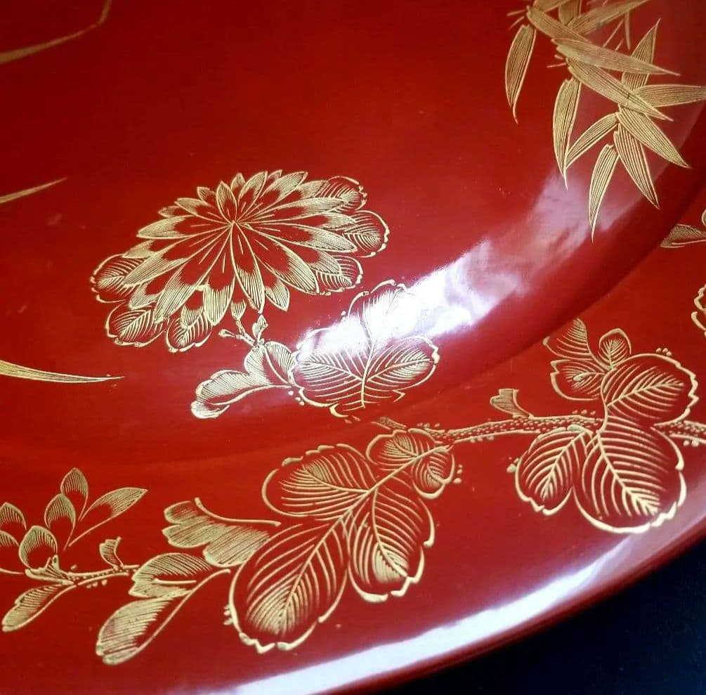 輪島塗 沈金 朱塗り 松竹梅 四季花 大皿 美術品 飾皿 約48cm1尺6寸 輪島塗漆器の工房直販 輪島塗太郎 / 輪島市 塗太郎 / 輪島塗 朱盃