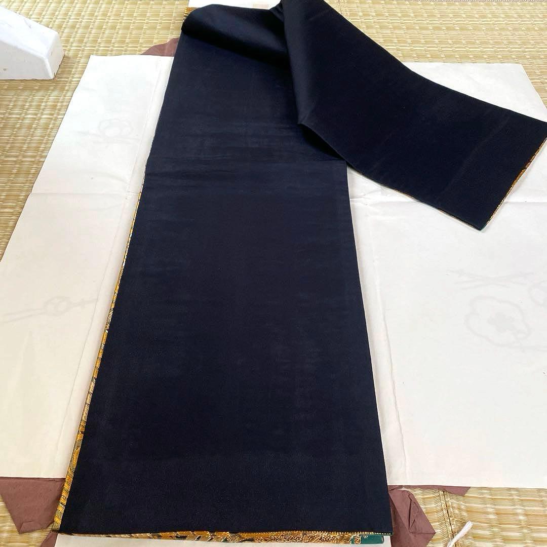 着物-辻が花帯60 【六通柄袋帯】金銀糸 正絹 金地 流線文様 花柄 豪華