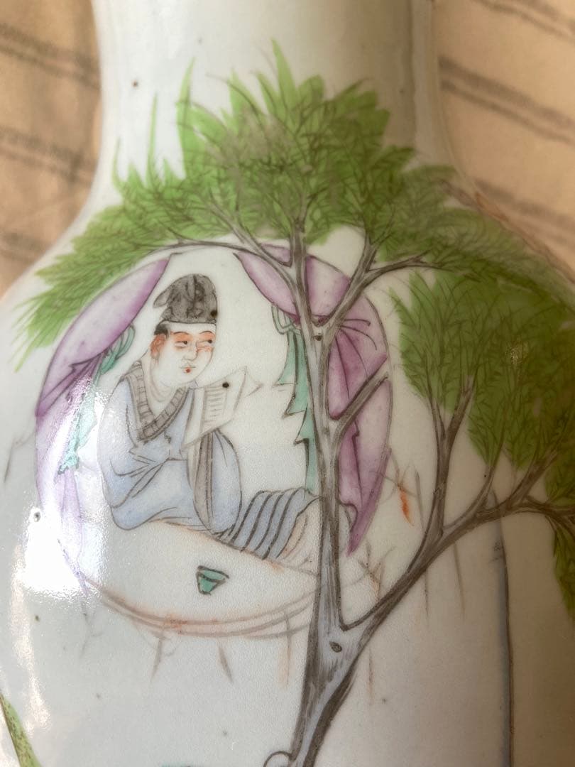 中国古美術 清末民国時代 豆青釉浅降彩大花瓶42cm 漁樵耕読 - メルカリ