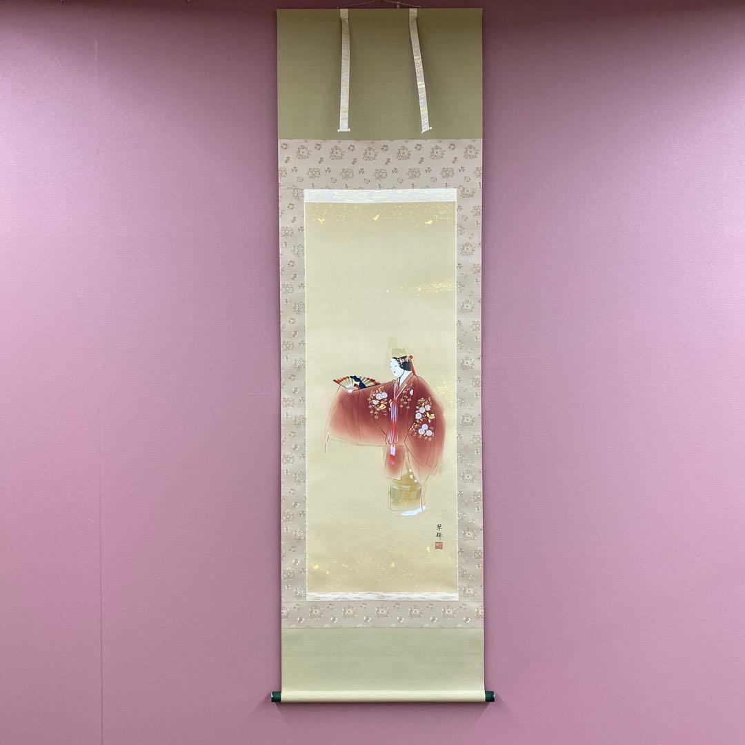 美品 掛け軸 金武翆輝作 金地 羽衣図 共箱 美術年鑑掲載 能楽 雅楽 掛軸 (掛け軸) 吉祥羽衣図 金武春陽 尺五立 約横54.5cm×縦190cm p9938
