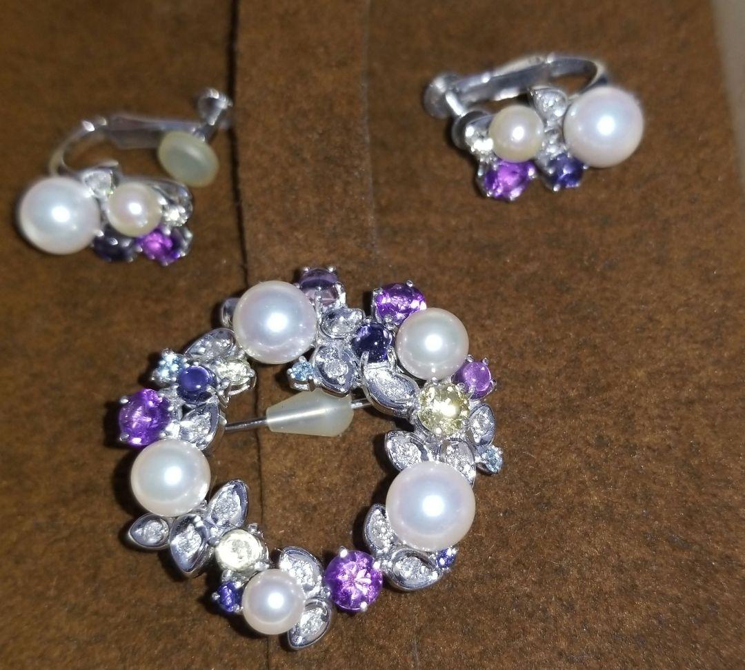 金K18WG 真珠と天然石とダイヤのブローチ・イヤリングセット K18 アコヤ本真珠 ブローチ 天然ダイヤモンド付き あこやパール 18金