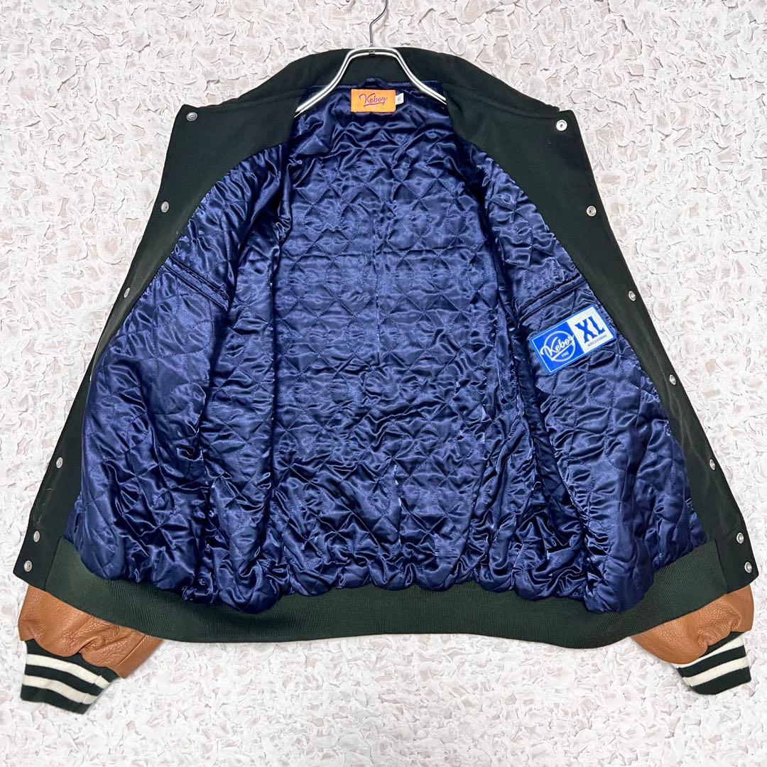 希少サイズ』 ケボズ スタジャン 袖レザー 牛革 バック刺繍 緑× 茶 XL