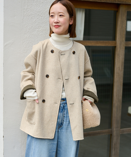 セール】《新色》リバーシブルノーカラーショートコート（ノーカラー